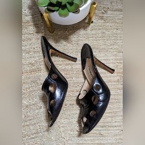 MANOLO BLAHNIK Lasercut Leather Peep Toe Sandals in Black